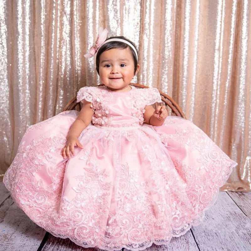Lace-Appliqued, Fluffy Pink Kids Girl&