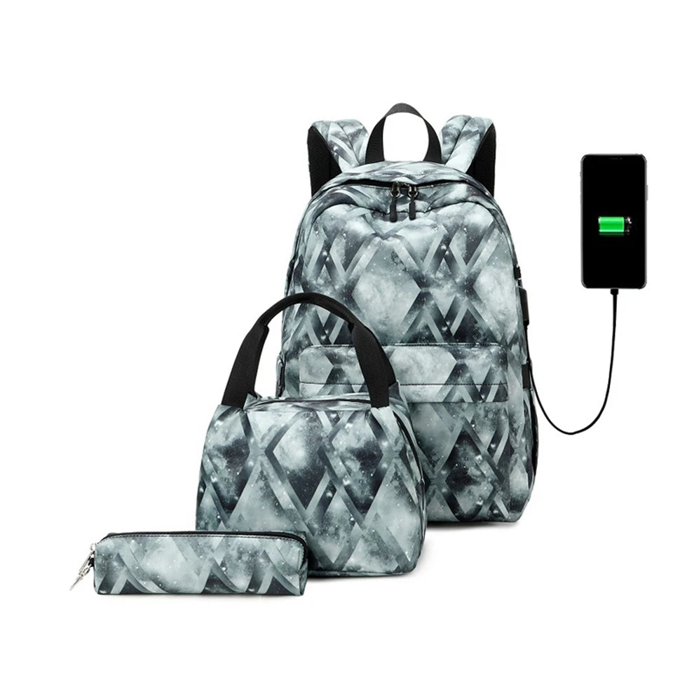 Printed Canvas 3-in-1 School Backpack with USB For Girls