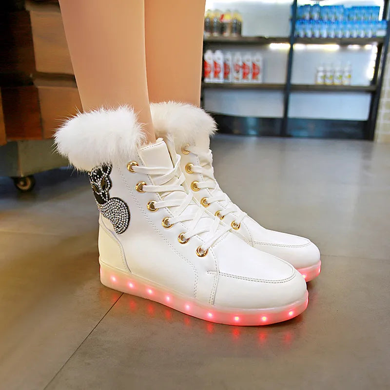 Kids Girls PU Leather Warm USB Charge Glowing Shoes childrensterritory