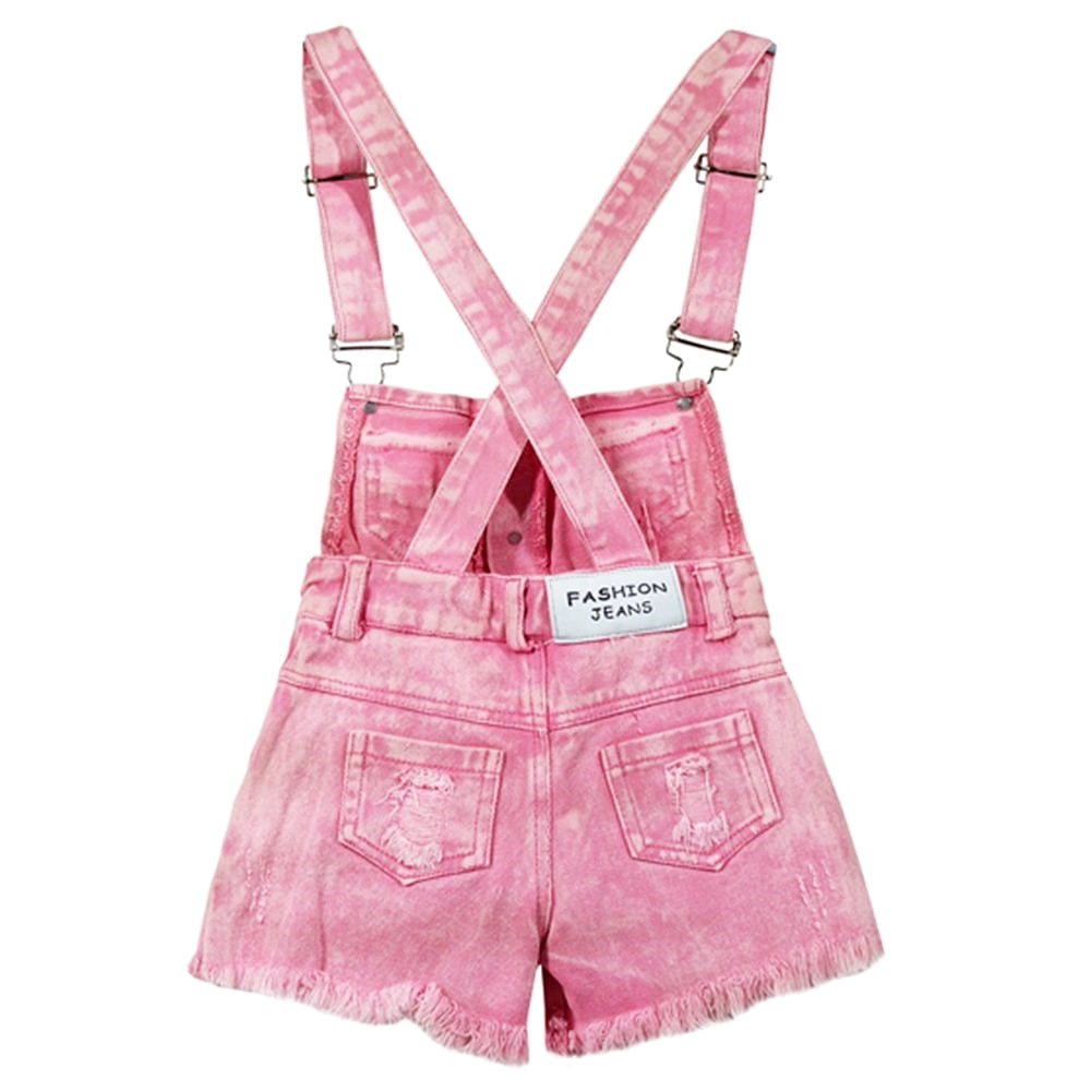 Kids Girls Pink Denim Suspender Shorts and White Top Clothing Set childrensterritory