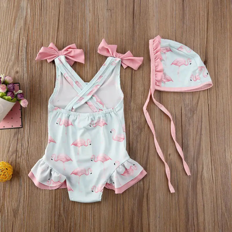Little Girls Flamingo Print Backless Onepiece Swimsuit And Hat Set
