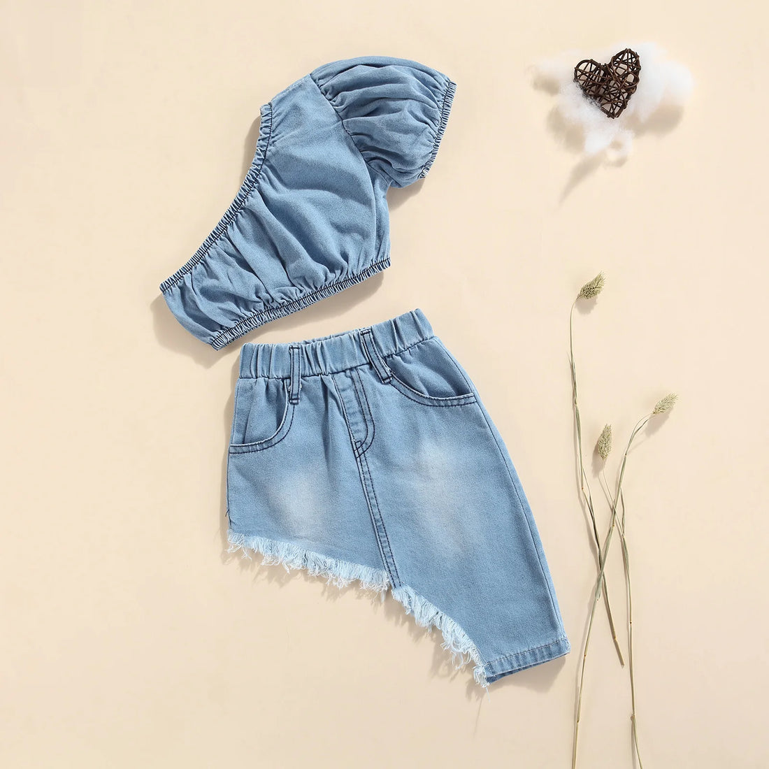 Kids Girls One Shoulder Denim Tops and Irregular Hem Skirt Set childrensterritory
