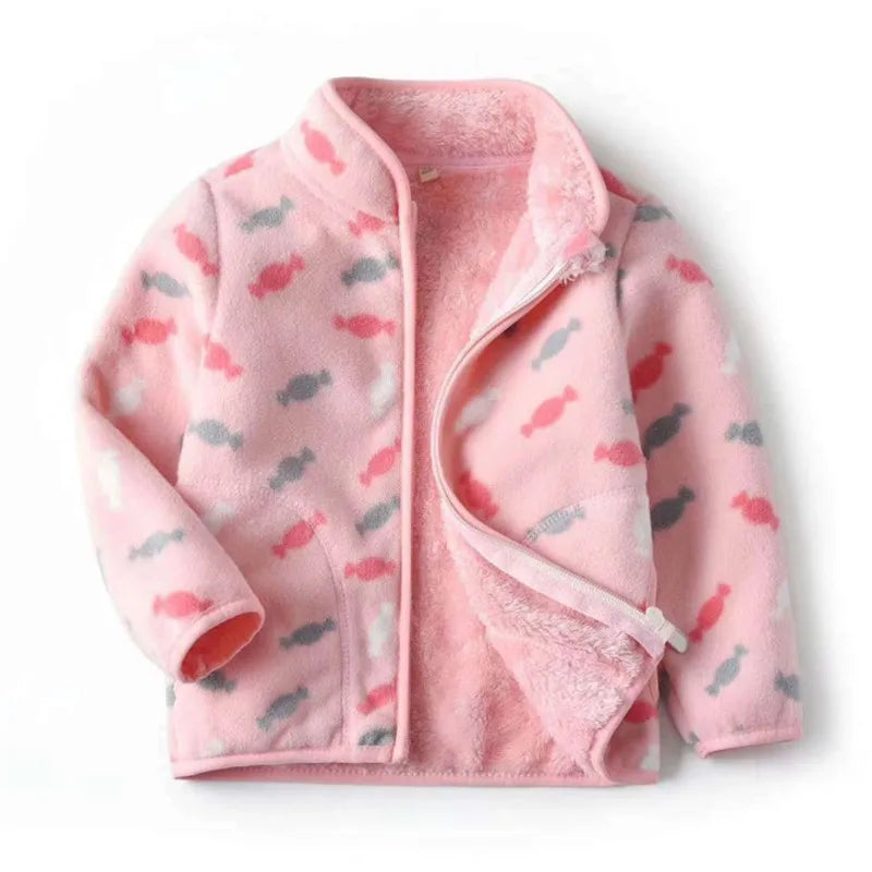 Kids Girls Warm Fleece Flowers Print Zipper Jackets