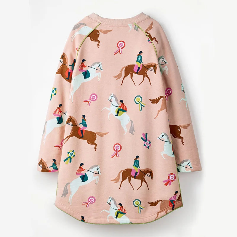 Horse Print Girls Long-Sleeved Casual Dresses childrensterritory