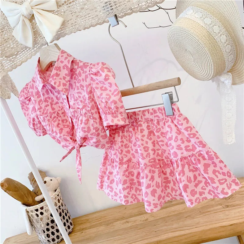Kids Girls Leopard Print Top and Skirt Summer Clothing Set
