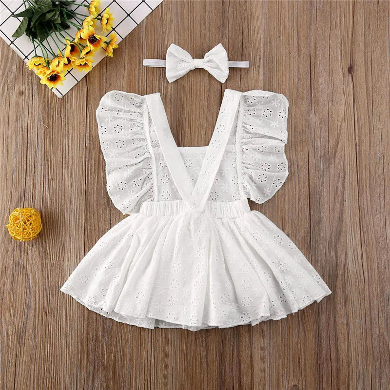 Backless Eyelet Baby Girl Romper Dress with Headband