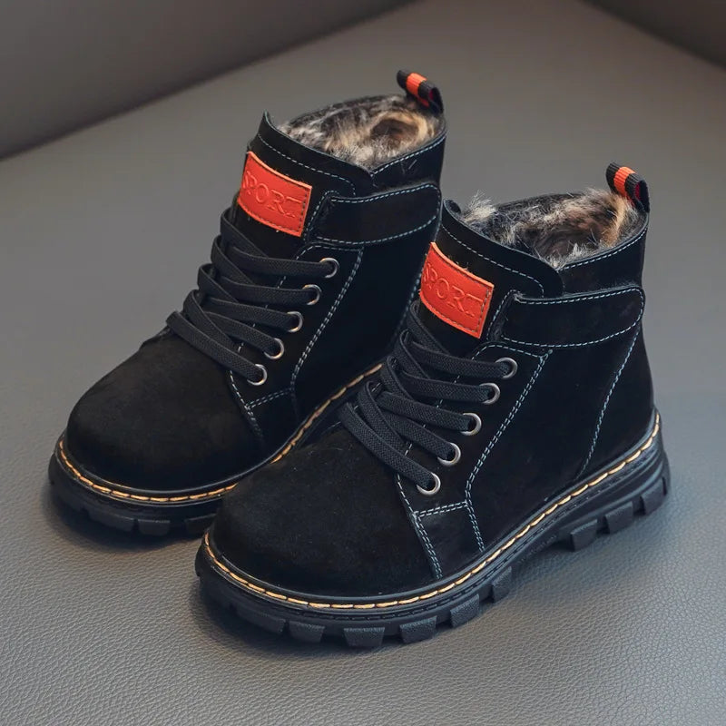 Kids Unisex High Top Fur And Laces Design Leather Shoes childrensterritory