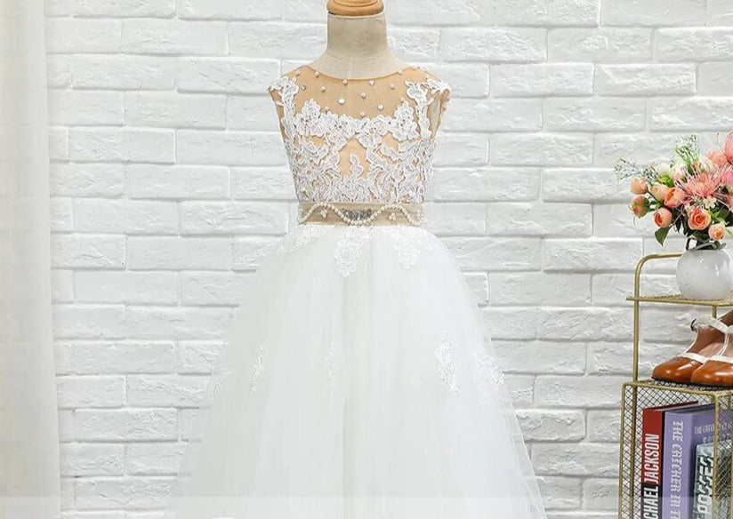 Kids Girls Nude Crystal Pearls Belt First Communion Dresses childrensterritory