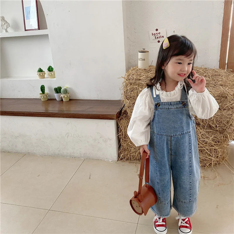 Korean Style Kids Oversized Wide Leg Denim Overalls Casual Pants childrensterritory