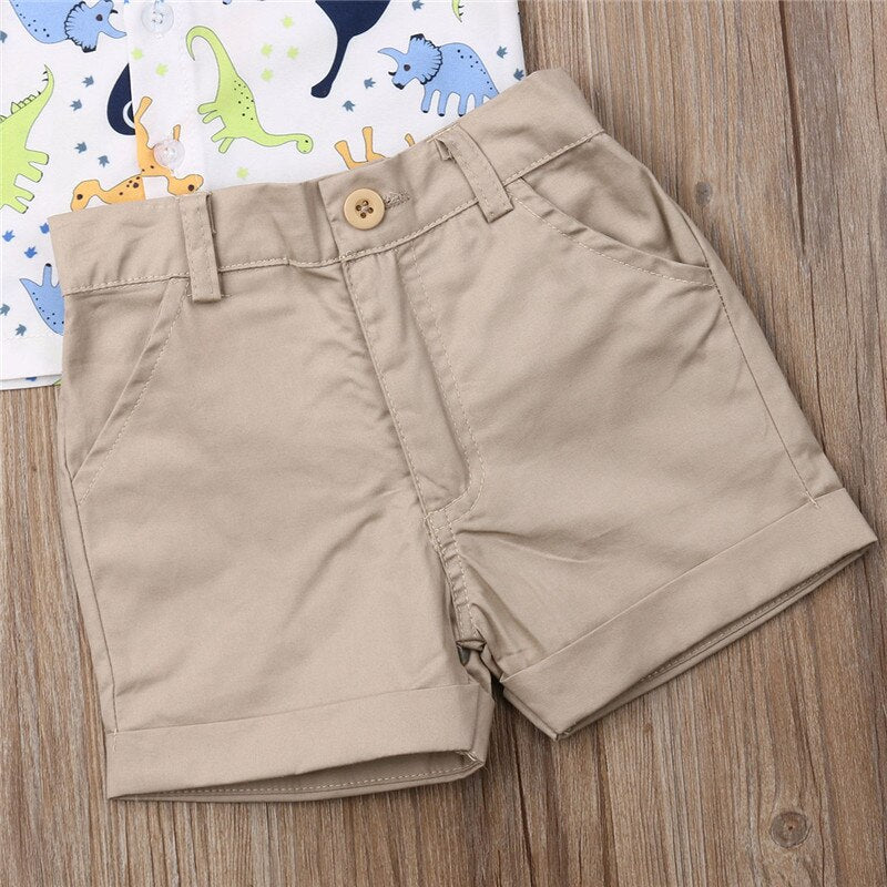 Toddler Boys Dinosaur Print Shirt and Khaki Shorts Set childrensterritory