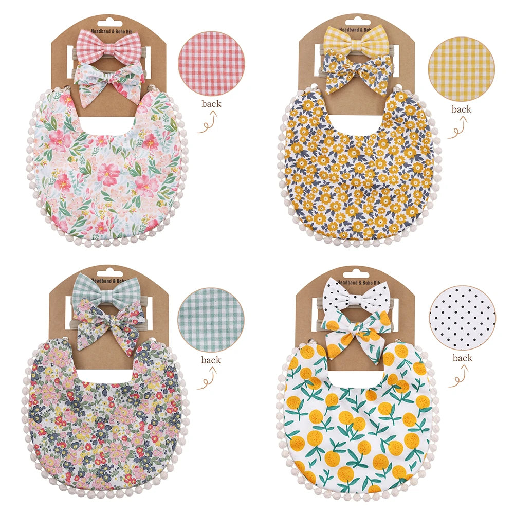 4Sets/Lot Floral Infant Burp Clothes with Bow Tie Headband childrensterritory