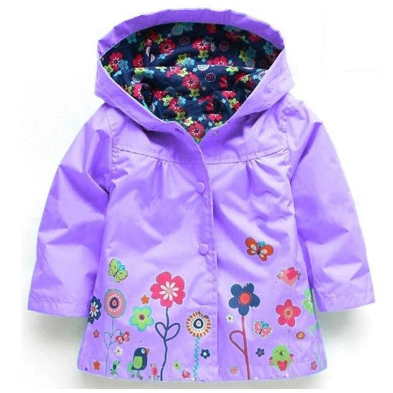 Long Sleeve Flower Print Waterproof Kids Hoodie Windcoat