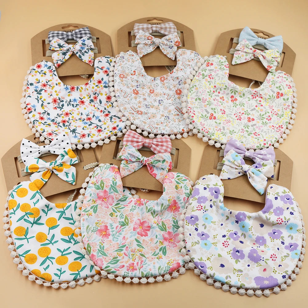 4Sets/Lot Floral Infant Burp Clothes with Bow Tie Headband childrensterritory