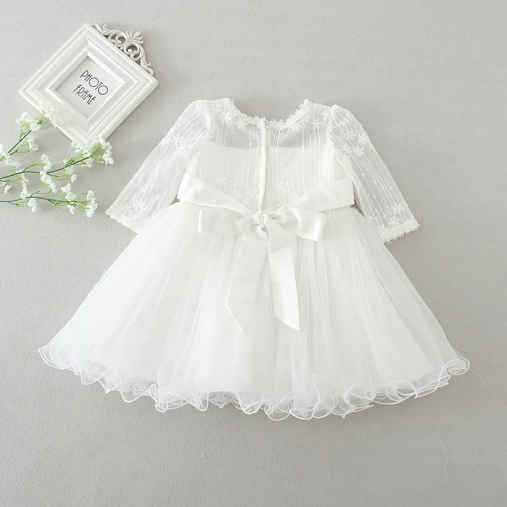 Little Girls Bow Lace Design White Baptism/Bridesmaid Dresses