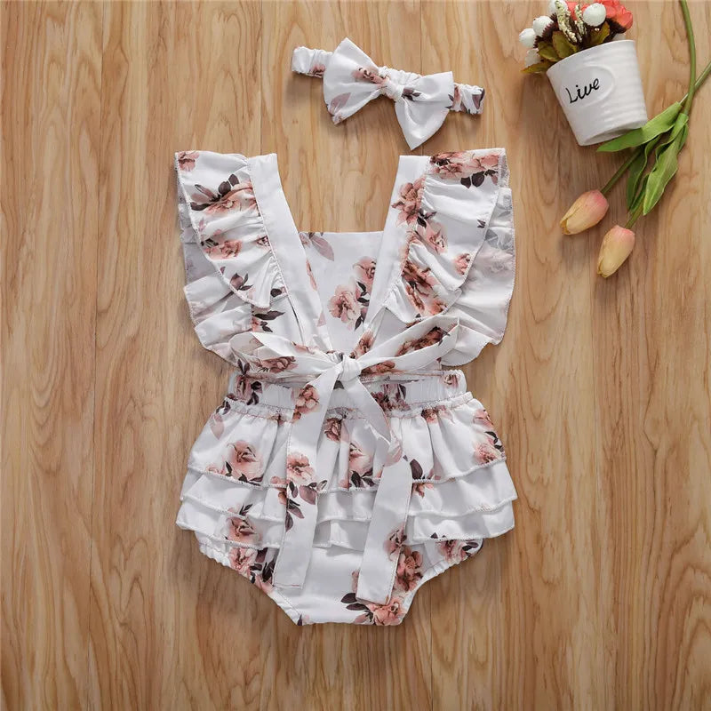 Little Girl Round Neck Printed Ruffle Swimsuit and Headband