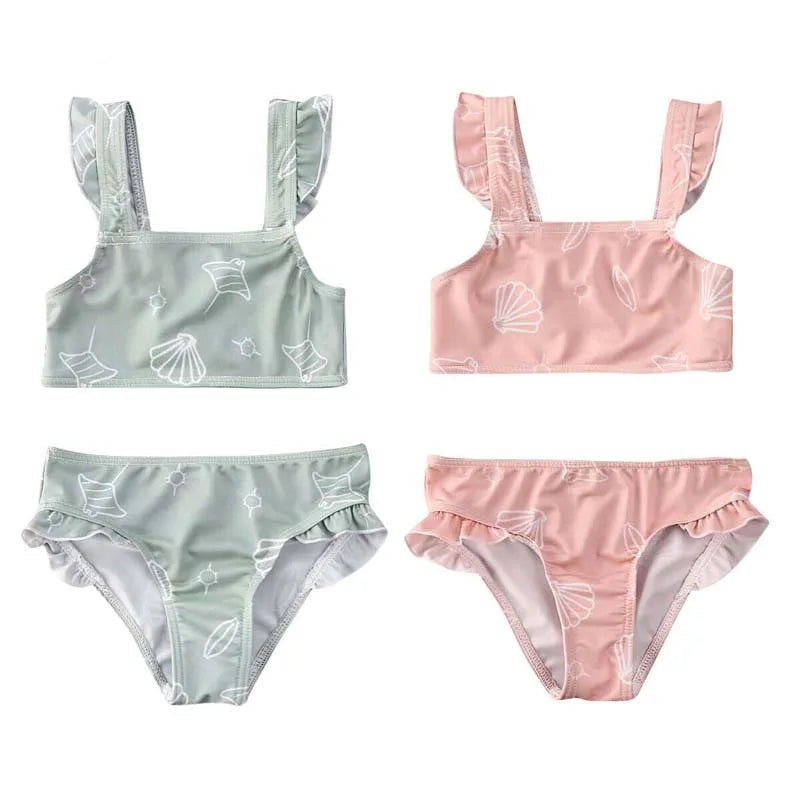 Baby Girls Cute Print Ruffle Top+Bottom Swimsuit