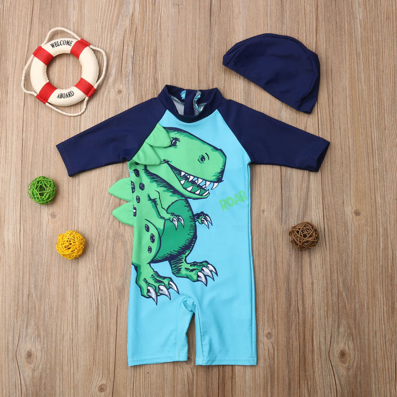Cartoon Print Kid Boy Rash Guard Swim Suit with Hat childrensterritory