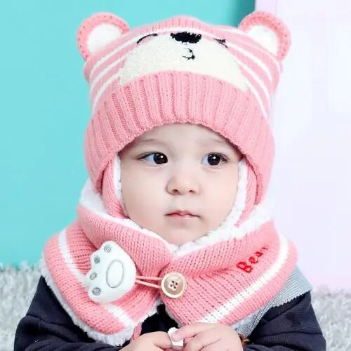 Cartoon Bear Striped Knit Woolen Scarf Cap for Baby childrensterritory