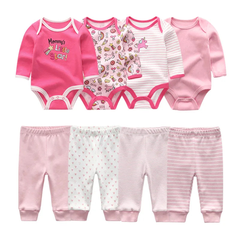 Newborn Baby Cartoon Print 6/8Pieces Soft Bodysuits+Pants Sets childrensterritory
