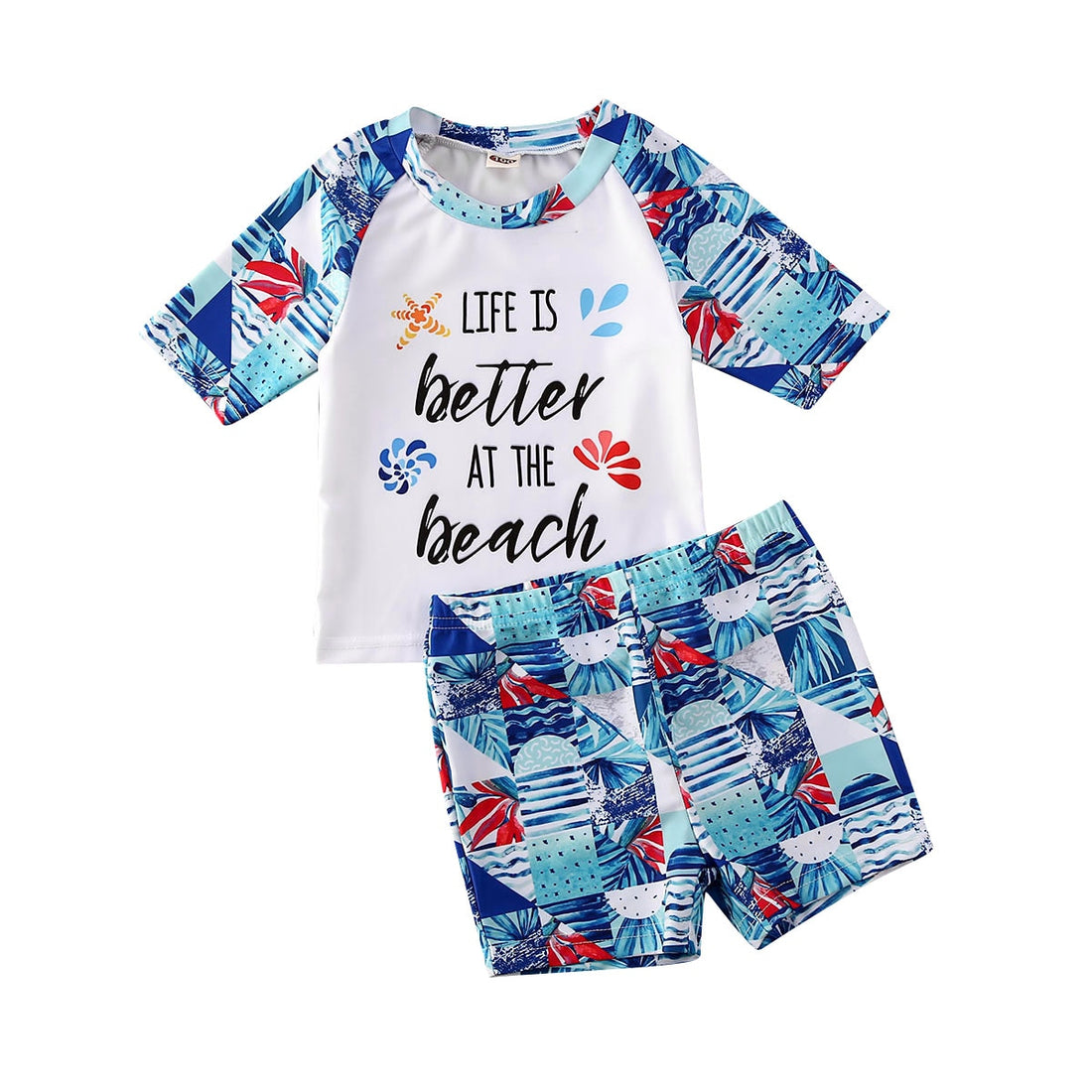 Kid Boy Letter and Beach Print Top & Shorts Set childrensterritory