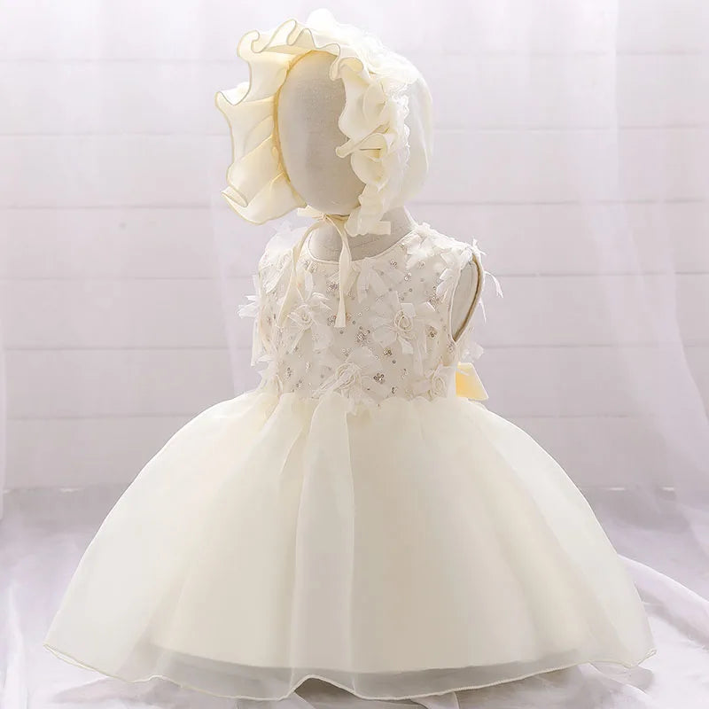 Baby Girls Sequined Top Flower Dress and Hat For Wedding or Baptism