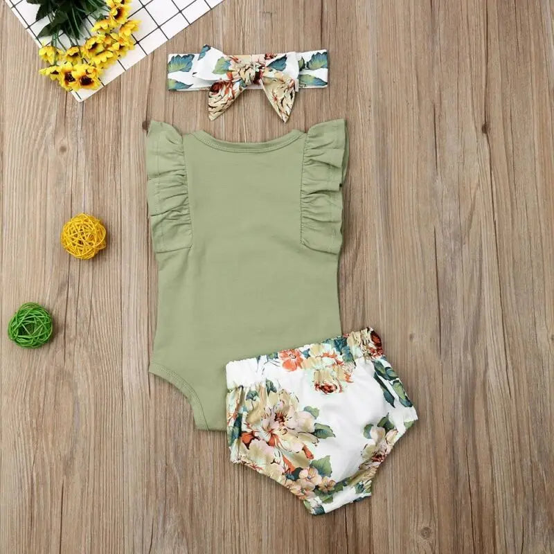 Baby Girls Ruffle Sleeve Floral Print Clothes Set