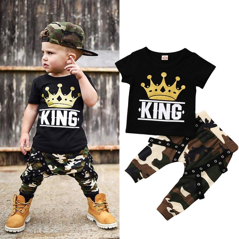 Little Boys King Crown Print Top and Camo Pants 2PCS Outfits Set childrensterritory