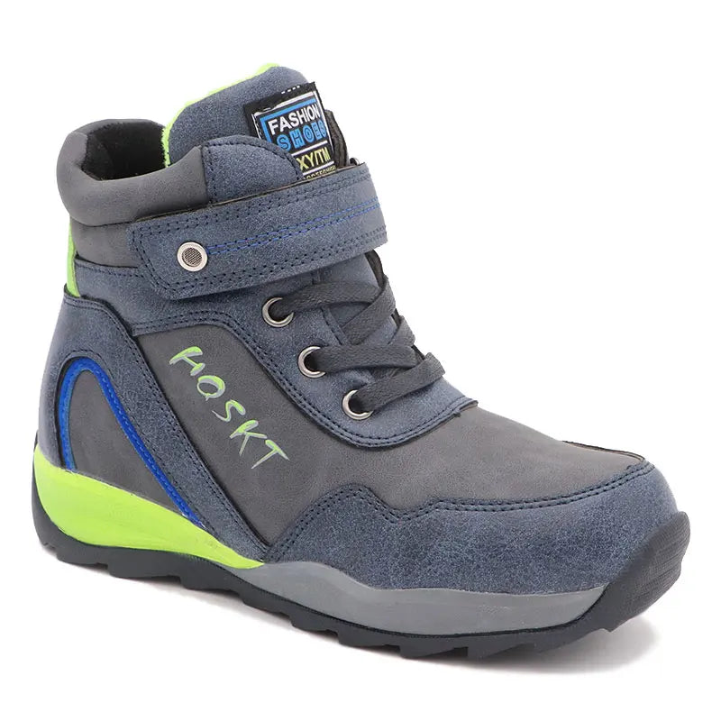 Kids Boys Black And Skyblue Mid-Calf Leather Snow Boots childrensterritory