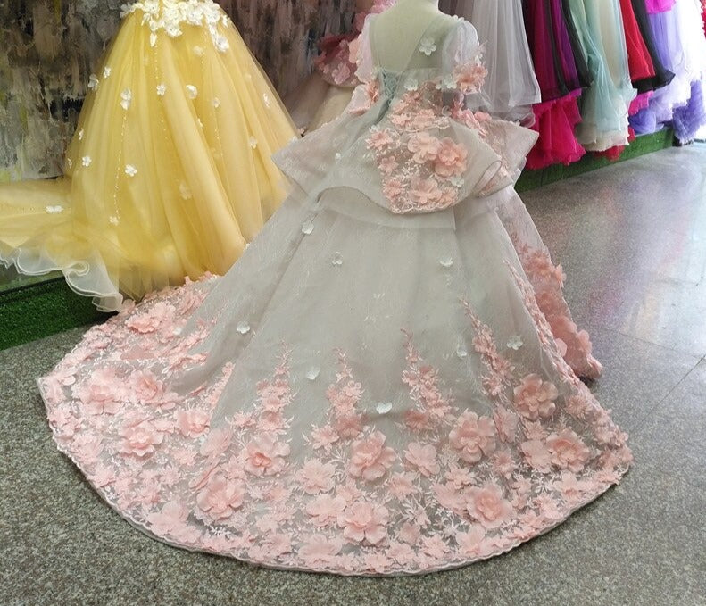 3D Floral Appliques Tulle Pageant Gowns for Kids Girls childrensterritory