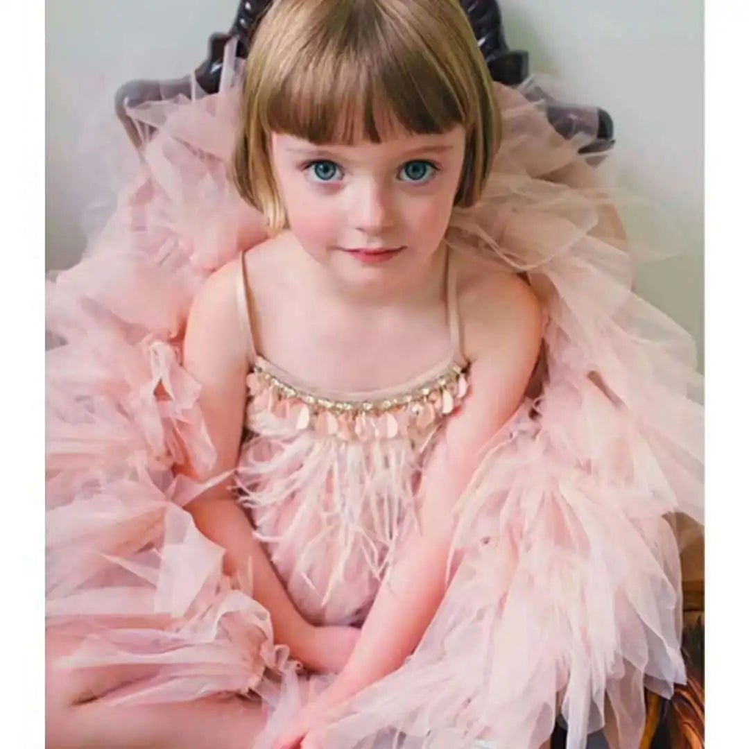 Kids Girls Elegant Feather Tassels Wedding Party Dresses childrensterritory