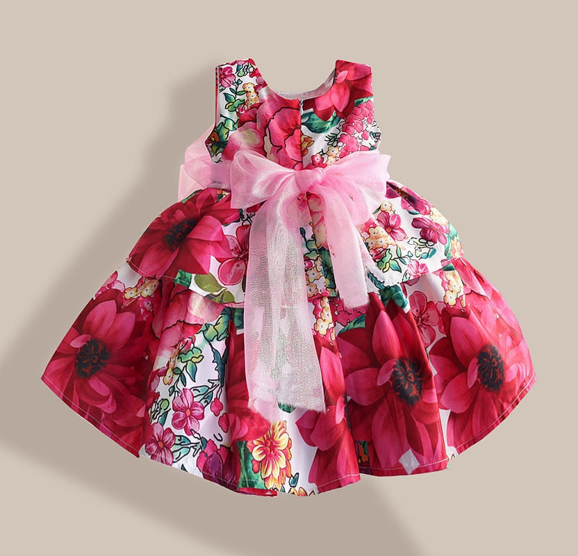 Silk Bow Rose Flower Print Sleeveless Toddler Girls Party Dresses childrensterritory