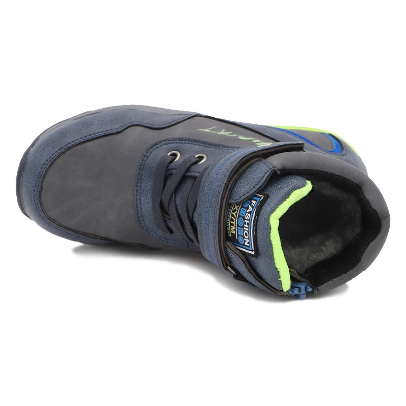 Kids Boys Black And Skyblue Mid-Calf Leather Snow Boots childrensterritory