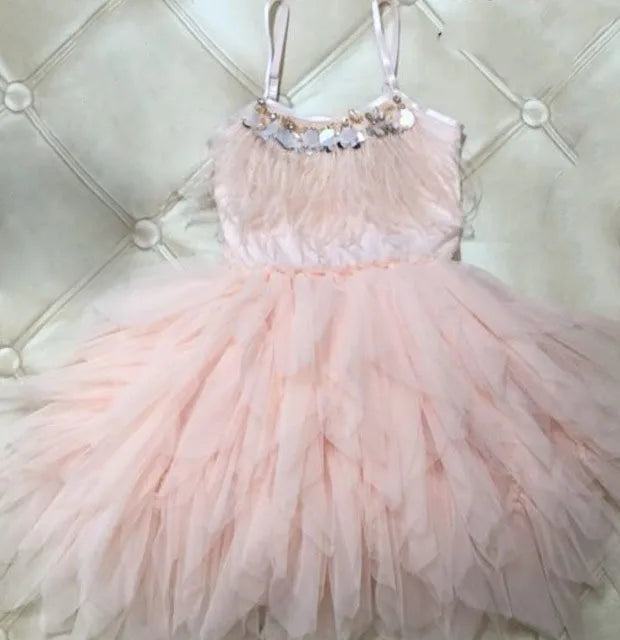 Kids Girls Elegant Feather Tassels Wedding Party Dresses childrensterritory