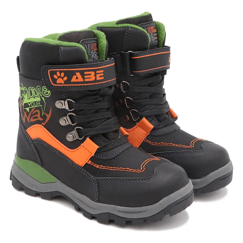 Boys Mid-Calf Black Leather And Rubber Winter Shoes childrensterritory