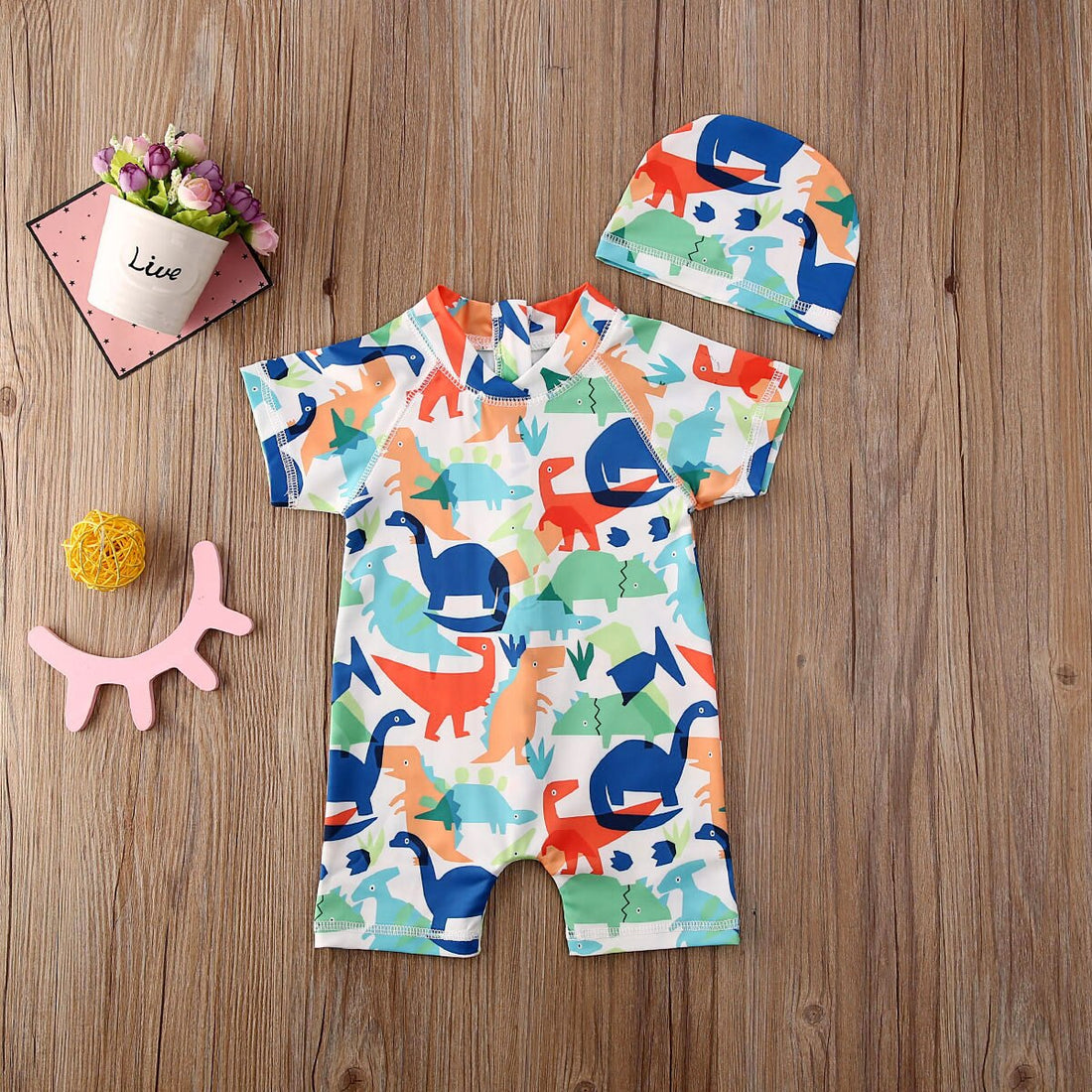 High Neck Animal Printed Kid Boy Swimwear with Hat childrensterritory