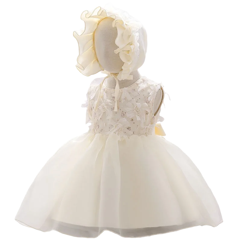 Baby Girls Sequined Top Flower Dress and Hat For Wedding or Baptism