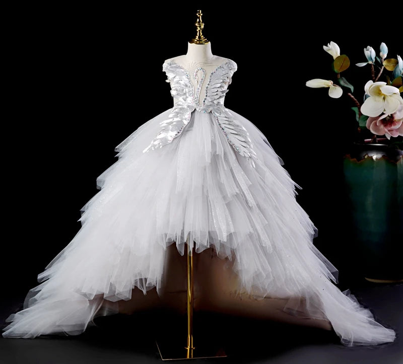 Kids Girls Elegant Crystal Swan Design Pageant Dress with Trail childrensterritory