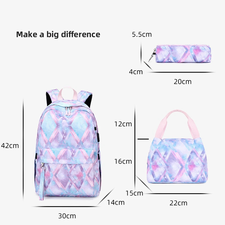 Printed Canvas 3-in-1 School Backpack with USB For Girls