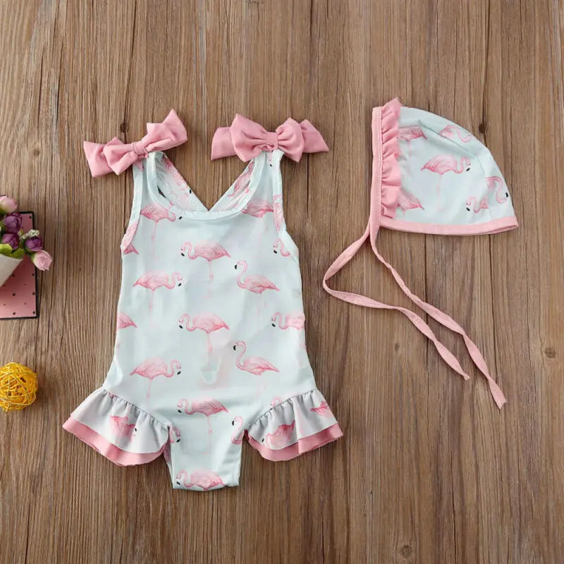Little Girls Flamingo Print Backless Onepiece Swimsuit And Hat Set
