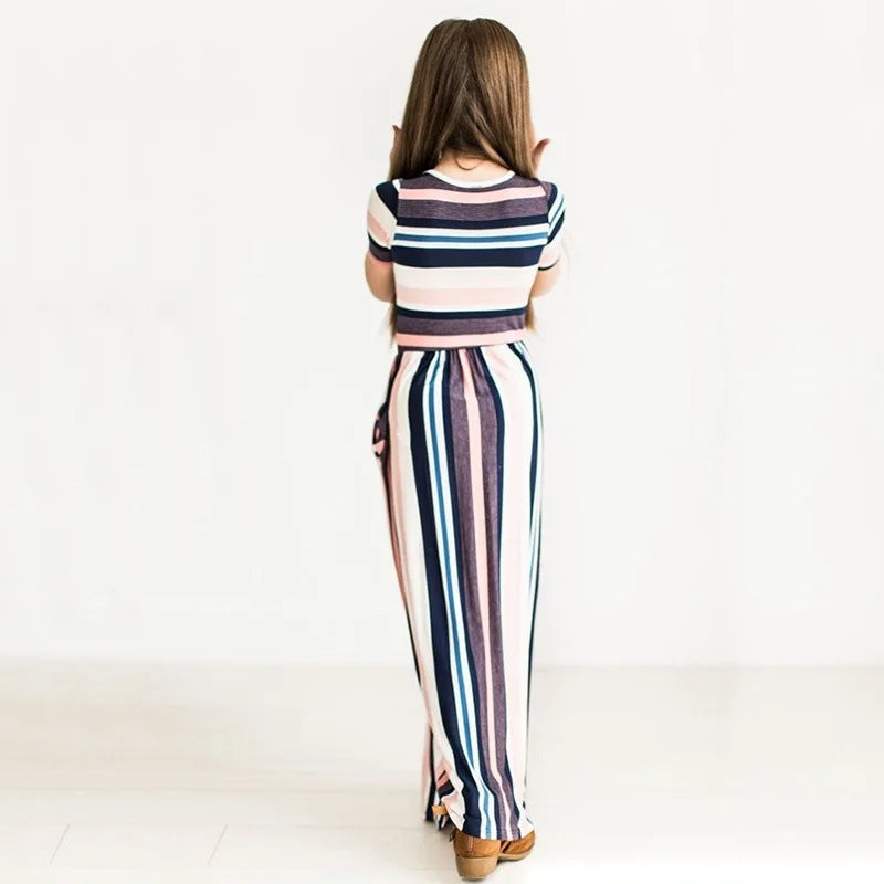 Striped Print Design Casual Summer Long Dress For Baby Girls childrensterritory