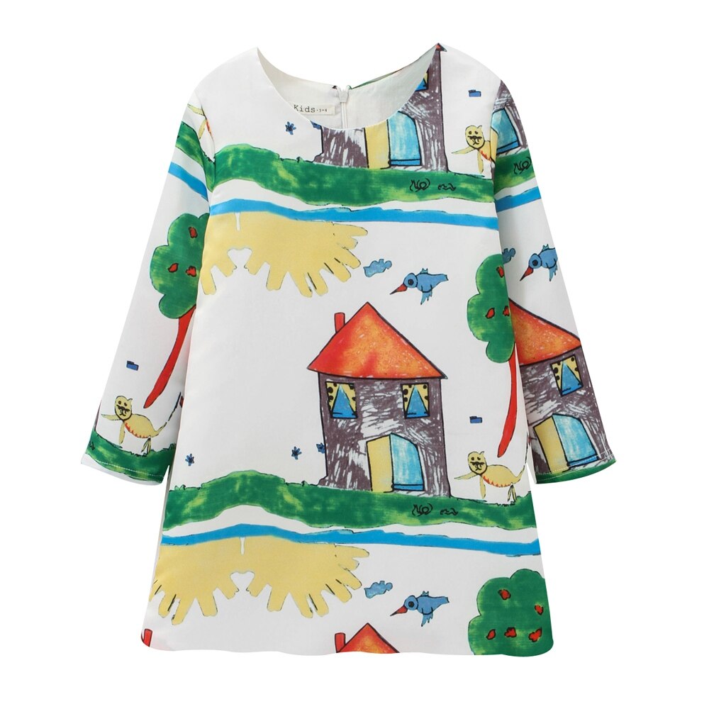 Flower Birds Printing Long Sleeve Princess Girl Dresses childrensterritory