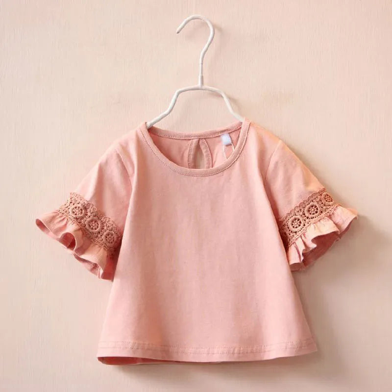 Kids Girls Round Neck Lace Trumpet Sleeve Summer Tops childrensterritory
