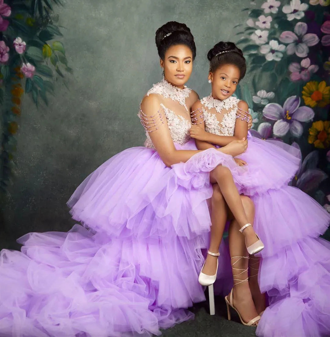 Lavender Beaded Lace Tiered Mother Daughter Dresses