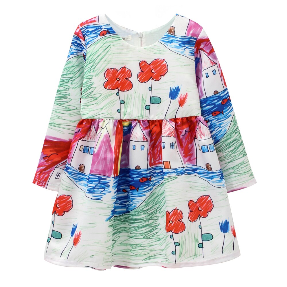 Flower Birds Printing Long Sleeve Princess Girl Dresses childrensterritory