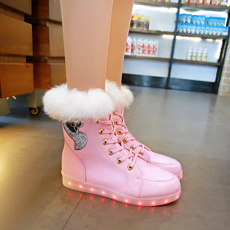 Kids Girls PU Leather Warm USB Charge Glowing Shoes childrensterritory