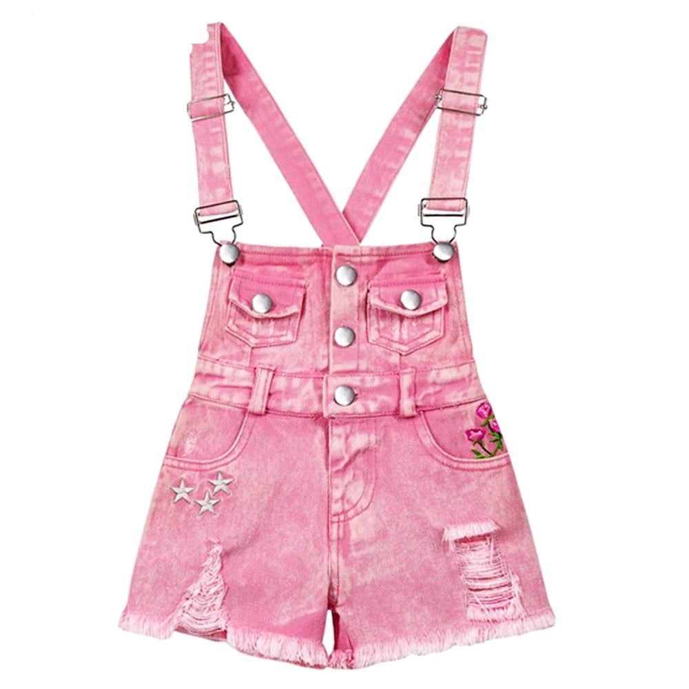 Kids Girls Pink Denim Suspender Shorts and White Top Clothing Set childrensterritory