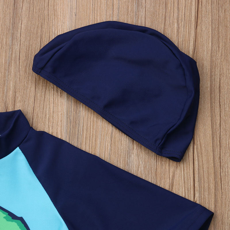 Cartoon Print Kid Boy Rash Guard Swim Suit with Hat childrensterritory