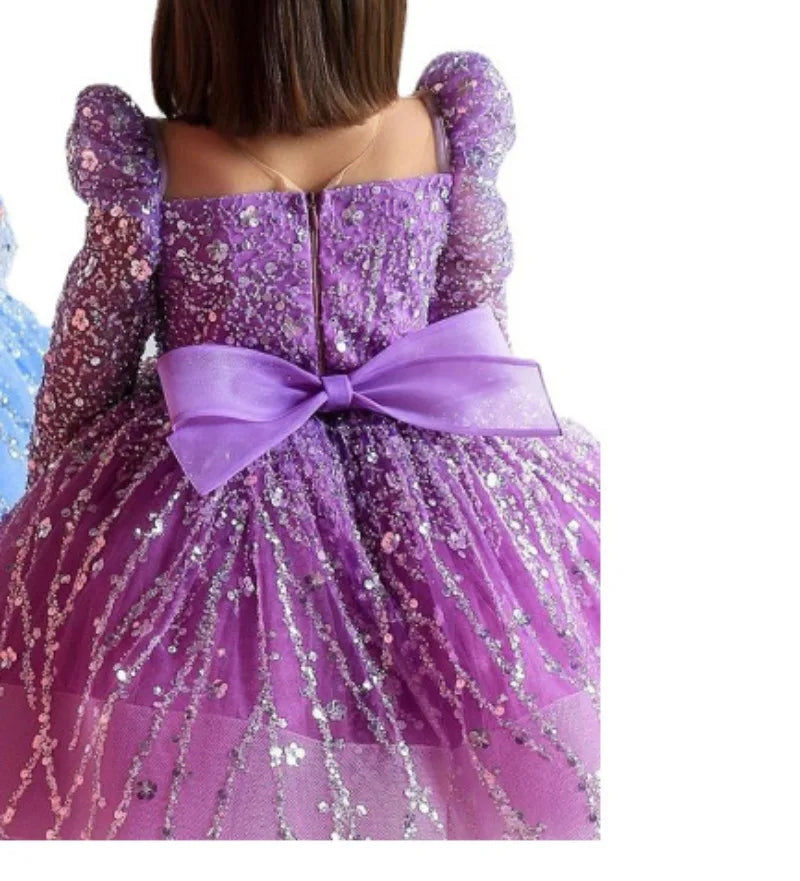 Kids Girls Long Sleeves Sparkling Sequined Puff Gown/Dress