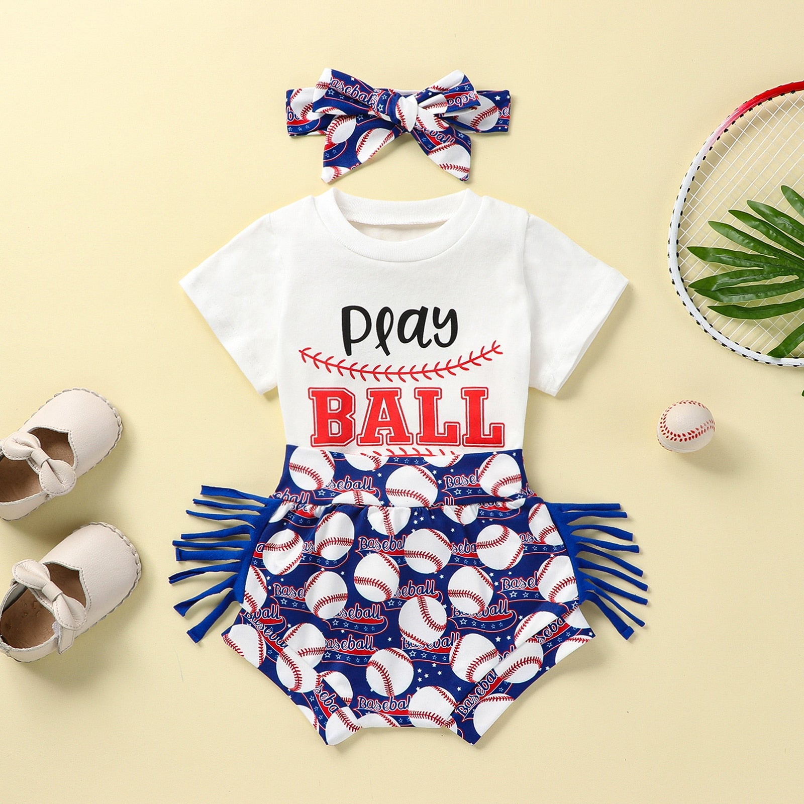 Baby Girl Letter & Baseball Print Top and Tassel Shorts Set childrensterritory
