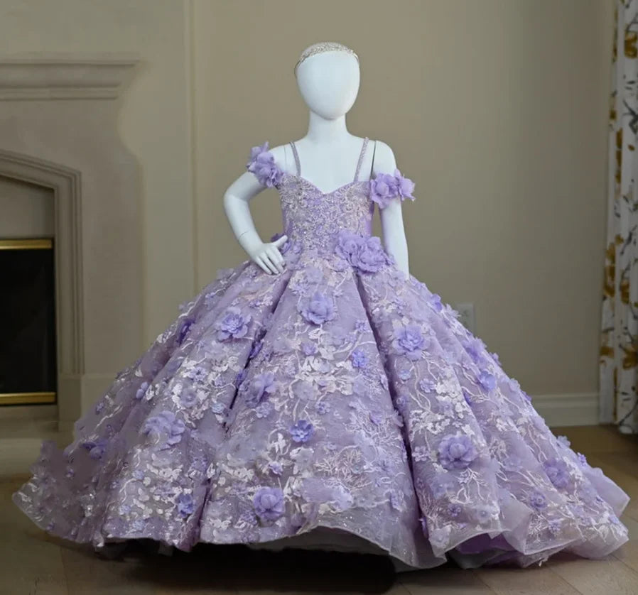 Girls Lace Appliqued Lavender Princess Dress for Communion childrensterritory